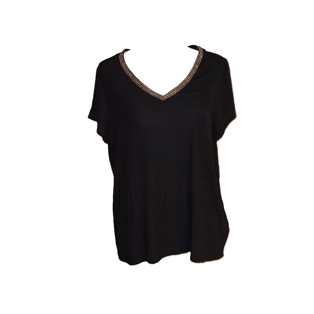 Jennifer Lopez Women's Short Sleeve L Black with Sparkly V Neck Short Sleeve Top